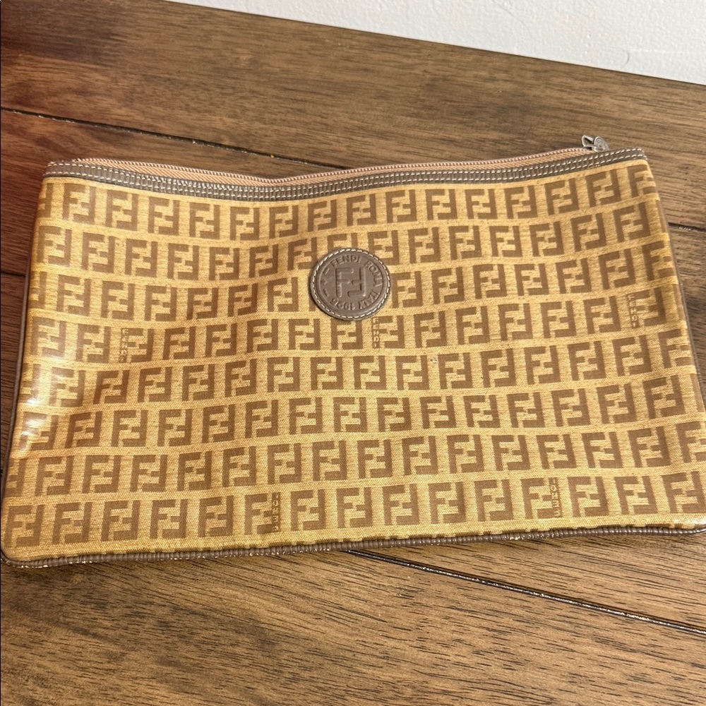Fendi Tan and Gold Monogram Pouch